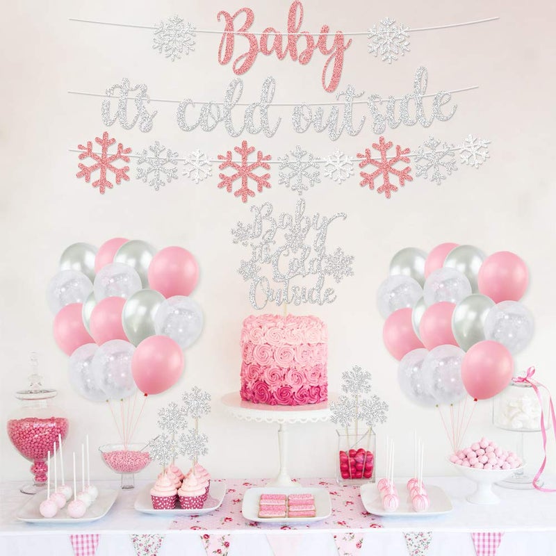 K KUMEED Baby Itâ€™s Cold Outside Party Decorations, Banner, Snowflake Balloons, Garland for Winter Wonderland Baby Shower, Christmas, Winter Birthday Party Supplies, Silver (Pink) - Image 3